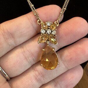 Monet Gold Tone Yellow Glass Rhinestone Drop Pendant Necklace Signed Vintage